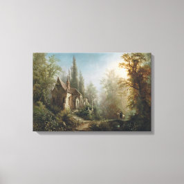 月の明るい夜のカントリー・チャペルと馬のライダー キャンバスプリント