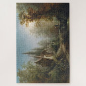 月の明るい夜のカントリー・チャペルと馬のライダー ジグソーパズル (縦)