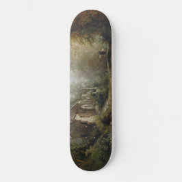 月の明るい夜のカントリー・チャペルと馬のライダー スケートボード