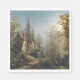 月の明るい夜のカントリー・チャペルと馬のライダー スタンダードランチョンナプキン