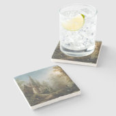 月の明るい夜のカントリー・チャペルと馬のライダー ストーンコースター (横)