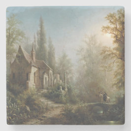 月の明るい夜のカントリー・チャペルと馬のライダー ストーンコースター