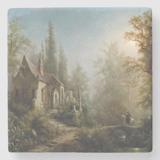 月の明るい夜のカントリー・チャペルと馬のライダー ストーンコースター (正面)