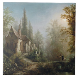 月の明るい夜のカントリー・チャペルと馬のライダー タイル