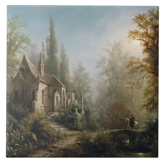 月の明るい夜のカントリー・チャペルと馬のライダー タイル (正面)