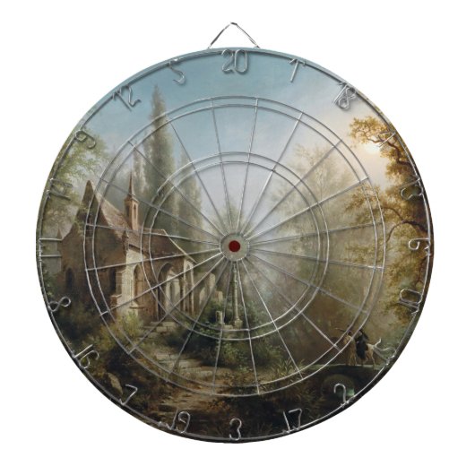 月の明るい夜のカントリー・チャペルと馬のライダー ダーツボード (正面)