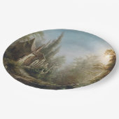 月の明るい夜のカントリー・チャペルと馬のライダー ペーパープレート (アングル)