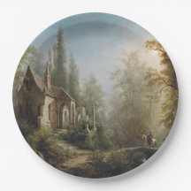 月の明るい夜のカントリー・チャペルと馬のライダー