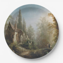 月の明るい夜のカントリー・チャペルと馬のライダー ペーパープレート