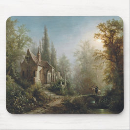 月の明るい夜のカントリー・チャペルと馬のライダー マウスパッド