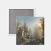 月の明るい夜のカントリー・チャペルと馬のライダー マグネット (正面/裏面)