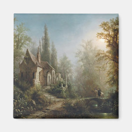 月の明るい夜のカントリー・チャペルと馬のライダー マグネット