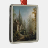 月の明るい夜のカントリー・チャペルと馬のライダー メタルオーナメント (右)