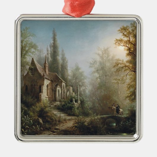 月の明るい夜のカントリー・チャペルと馬のライダー メタルオーナメント (正面)