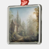 月の明るい夜のカントリー・チャペルと馬のライダー メタルオーナメント (左)