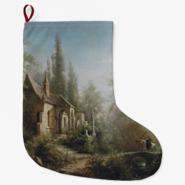 月の明るい夜のカントリー・チャペルと馬のライダー ラージクリスマスストッキング