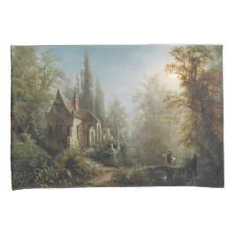 月の明るい夜のカントリー・チャペルと馬のライダー 枕カバー