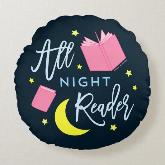 月の星およびピンクの本の終夜の読者 ラウンドクッション (正面)