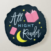 月の星およびピンクの本の終夜の読者 ラウンドクッション (裏面)