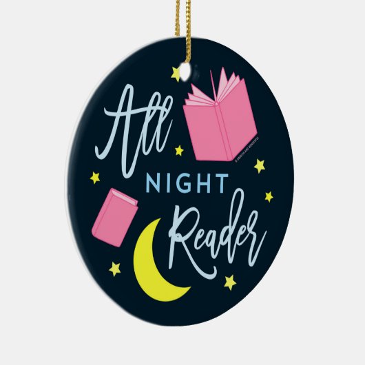 月の星とピンクの本を一晩中読む セラミックオーナメント (右)