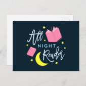 月の星とピンクの本を一晩中読む ポストカード (正面/裏面)