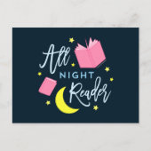 月の星とピンクの本を一晩中読む ポストカード (正面)