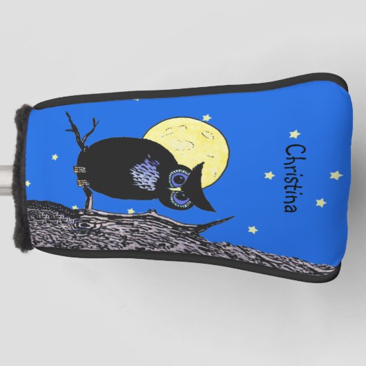 月の星に黒いフクロウの青い目 ゴルフヘッドカバー (正面)