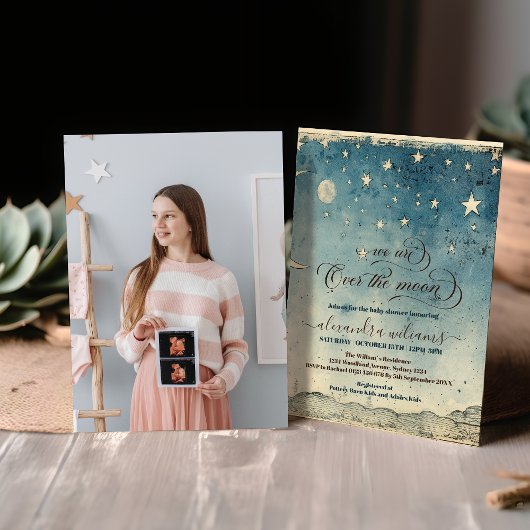 月の星の上の写真ブルーベビーシャワー 招待状