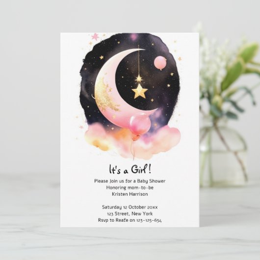 月の星の天水の色の女の子の赤ちゃんシャワー 招待状 (スタンド正面)