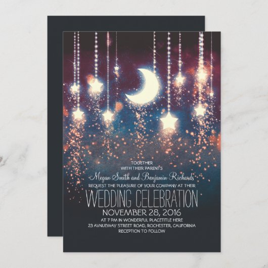 月の星及びひもライト夏の結婚式 招待状 (正面/裏面)