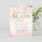 月の星座の上にピンク色の赤ちゃんシャワー 招待状 (スタンド正面)