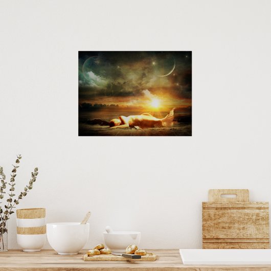 月の星空の夜の神秘的なポスターの下の人魚 ポスター (キッチン)