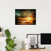 月の星空の夜の神秘的なポスターの下の人魚 ポスター (ホームオフィス)