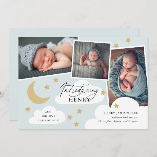 月の星雲3写真コラージュ青のアナウンスメント 案内状 (正面/裏面)