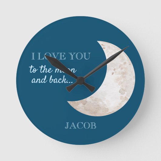 月の星 ネイビーブルー 白 ぬりえ名前 ラウンド壁時計 (正面)