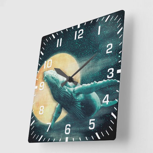 月の柱時計に飛んでいるザトウクジラ スクエア壁時計 (傾斜)