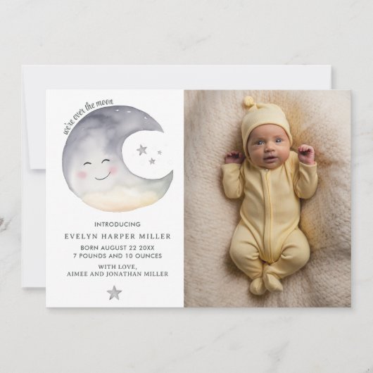 月の水のカラーカードでの誕生発表 案内状 (正面)