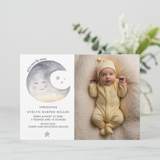 月の水のカラーカードでの誕生発表 案内状 (スタンド正面)