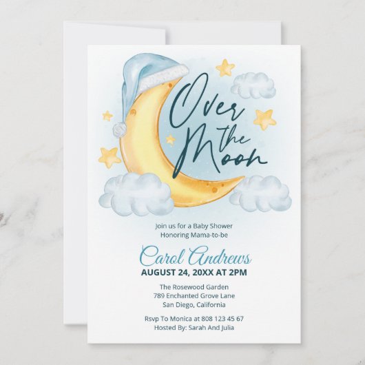 月の水の色の男の子のシャワー 招待状 (正面)