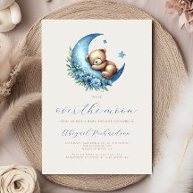 月の水色の上にクマ青い男の子の赤ちゃんシャワー