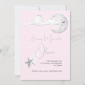 月の水色の上に赤ちゃんシャワーピンク 招待状 (正面)