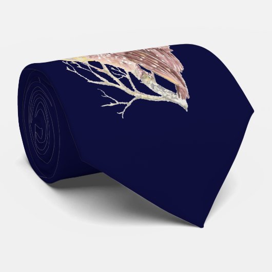 月の水色の鳥、動物と木のフクロウ ネクタイ (ロール)