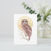 月の水色の鳥、動物と木のフクロウ ポストカード (スタンド正面)