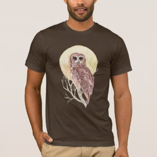 月の水色の鳥、動物と木のフクロウ Tシャツ
