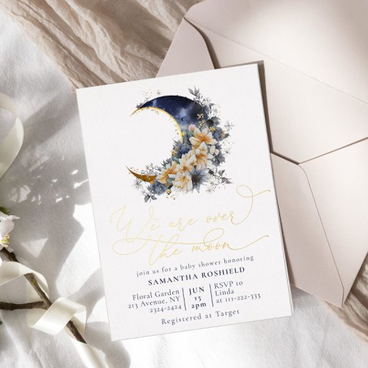 月の海軍の金ゴールドの赤ちゃんシャワー 箔招待状