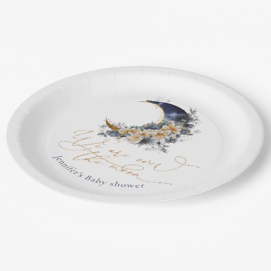 月の海軍の金ゴールドフォイルフローラの赤ちゃんシャワー上 ペーパープレート (アングル)