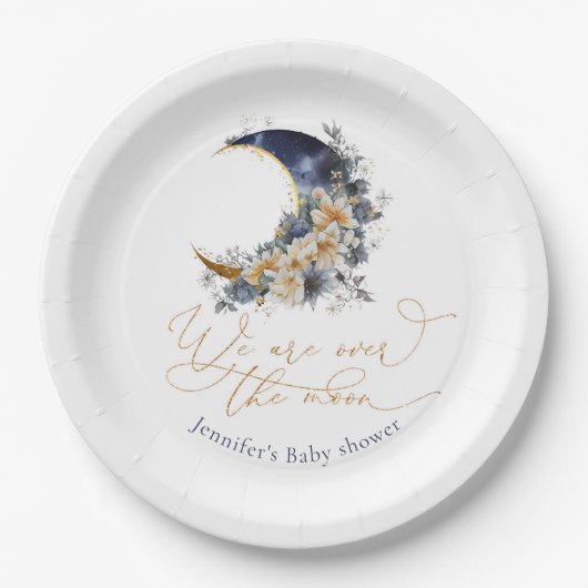 月の海軍の金ゴールドフォイルフローラの赤ちゃんシャワー上 ペーパープレート (正面)