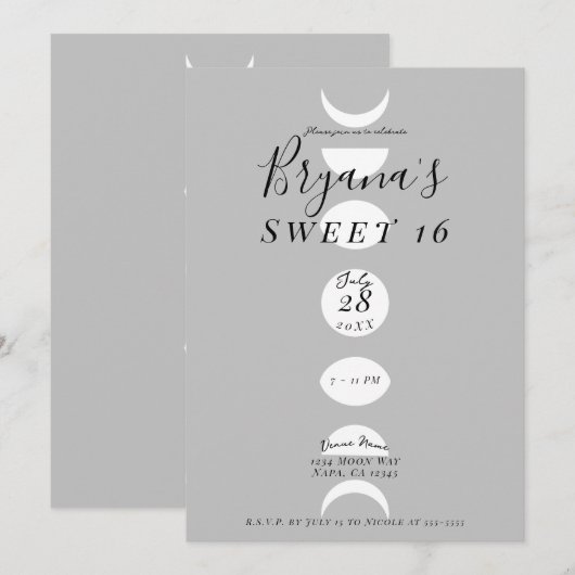 月の満ち欠けサイクル グレー&ホワイト スウィート16 招待状 (正面/裏面)