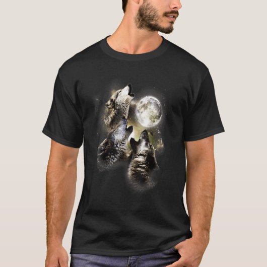 月の狼のうなり声を上げる狼ウルフクール Tシャツ (正面)