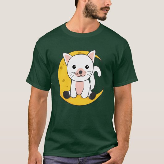 月の猫 かわいい動物 夜の友達 Tシャツ (正面)